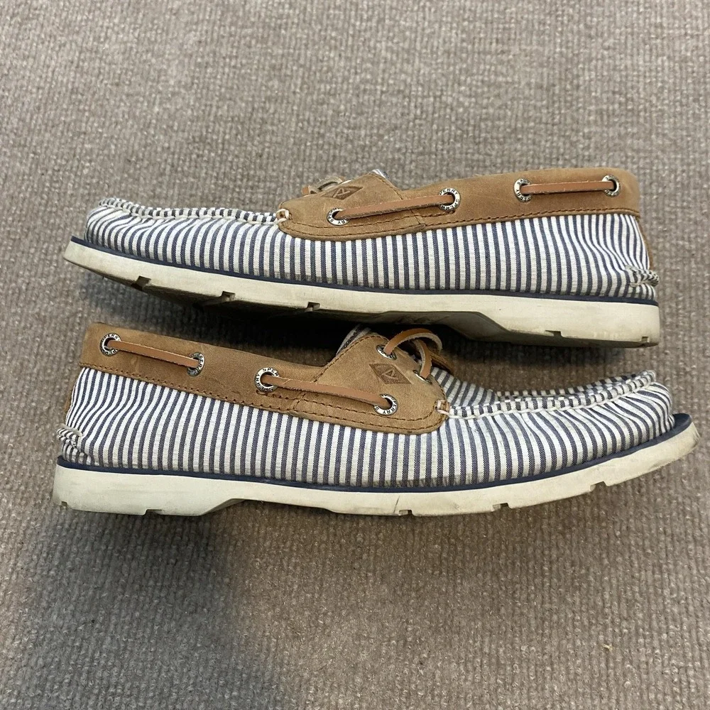 Sperry‎ Top-Sider Shoes Mens Size 8 Blue Striped Canvas Boat Casual STS22036